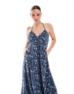 Hollister Halterneck Maxi Dress With Tiered Hem Detail In Navy Paisley Print For Women Multi -Hollister Shop 207361690 3