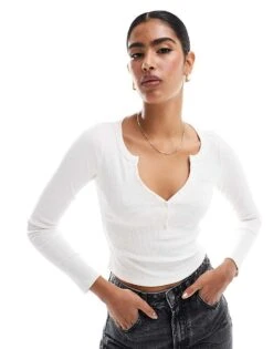 Hollister Ribbed Button Detail Plunge Neck Top In Off White For Women -Hollister Shop 207361696 3