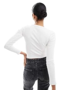 Hollister Ribbed Button Detail Plunge Neck Top In Off White For Women -Hollister Shop 207361696 4