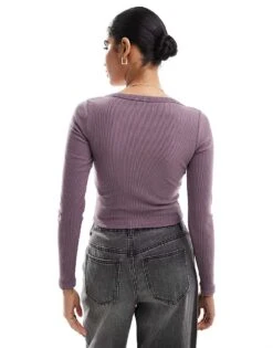 Hollister Ribbed Button Detail Plunge Neck Top In Light Brown For Women -Hollister Shop 207361711 4