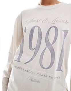 Hollister Long Sleeve Oversized Dad Slogan T Shirt In Taupe For Women -Hollister Shop 207361755 3