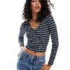 Hollister Contrast Ribbed Plunge Neck Crop Top In Navy And White Stripe For Women Navy White Stripe