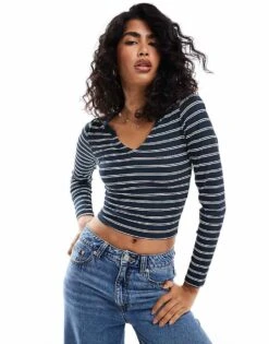 Hollister Contrast Ribbed Plunge Neck Crop Top In Navy And White Stripe For Women Navy White Stripe
