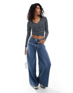 Hollister Contrast Ribbed Plunge Neck Crop Top In Navy And White Stripe For Women Navy White Stripe -Hollister Shop 207361764 3