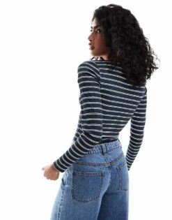 Hollister Contrast Ribbed Plunge Neck Crop Top In Navy And White Stripe For Women Navy White Stripe -Hollister Shop 207361764 4