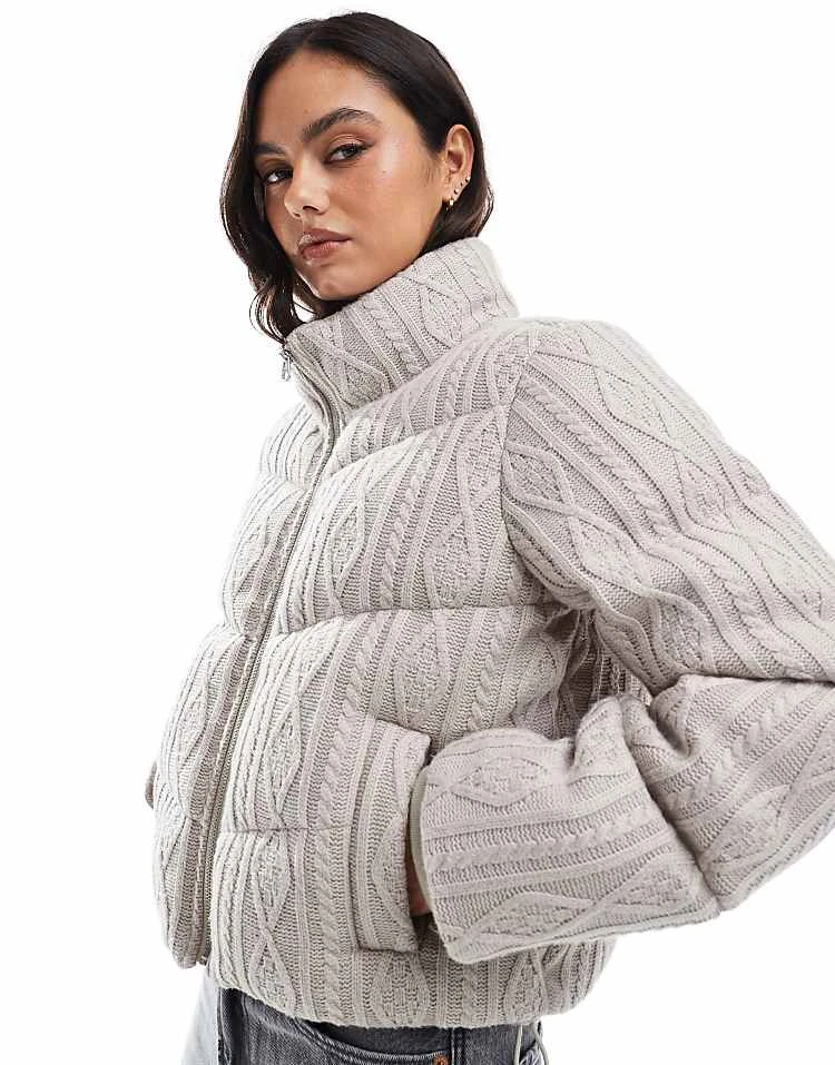 Hollister Cable Knitted High Neck Cropped Jacket In Mocha For Women 3 Hollister Cable Knitted High Neck Cropped Jacket In Mocha For Women