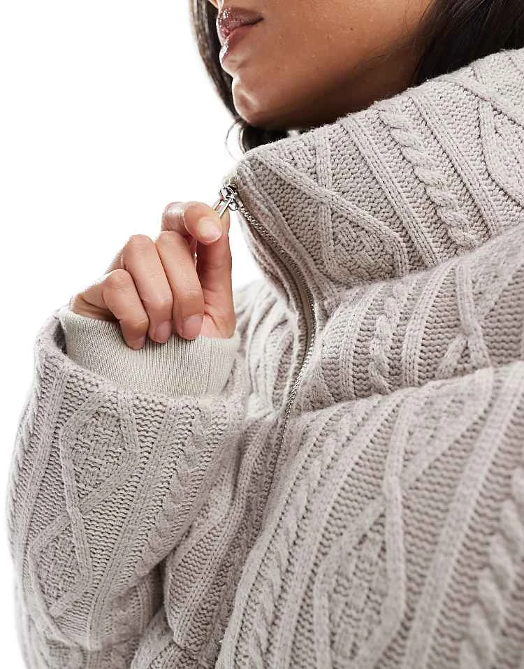 Hollister Cable Knitted High Neck Cropped Jacket In Mocha For Women 4 Hollister Cable Knitted High Neck Cropped Jacket In Mocha For Women - Image 2