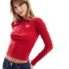 Hollister Motif Detail Long Sleeve Quarter Zip Top In Red For Women