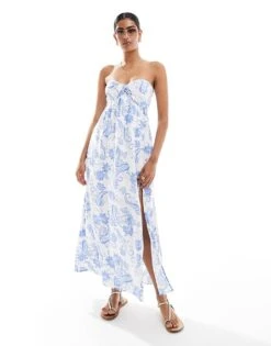 Hollister Twist Bust Detail Bandeau Midi Dress With Thigh Split In Blue Paisley Print For Women Blue White