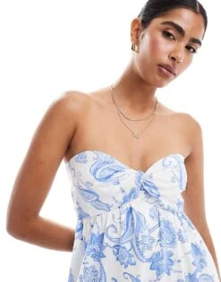 Hollister Twist Bust Detail Bandeau Midi Dress With Thigh Split In Blue Paisley Print For Women Blue White -Hollister Shop 207361824 3