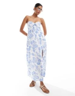 Hollister Twist Bust Detail Bandeau Midi Dress With Thigh Split In Blue Paisley Print For Women Blue White -Hollister Shop 207361824 4