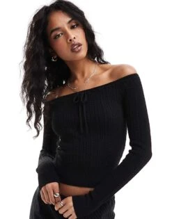 Hollister Cable Knitted Off Shoulder Tie Front Top In Black For Women