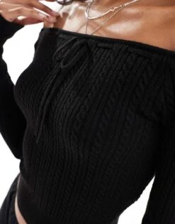 Hollister Cable Knitted Off Shoulder Tie Front Top In Black For Women -Hollister Shop 207361847 4