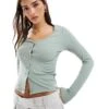 Hollister Icon Long Sleeve Button Through Top In Green For Women