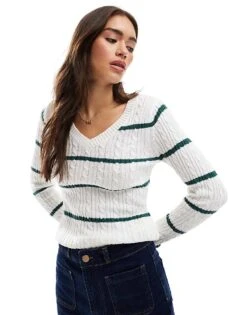 Hollister Icon V Neck Knitted Jumper In Green Stripe For Women 11 Hollister Icon V Neck Knitted Jumper In Green Stripe For Women -Hollister Shop 207361866 1 greenstripe 1