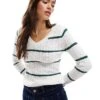 Hollister Icon V Neck Knitted Jumper In Green Stripe For Women