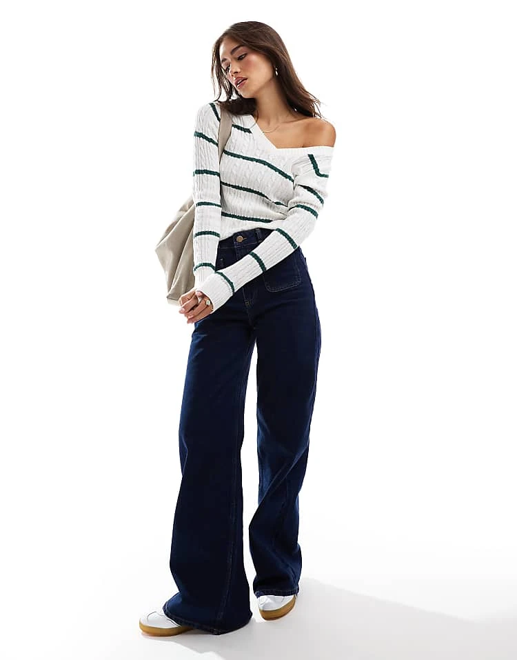 Hollister Icon V Neck Knitted Jumper In Green Stripe For Women 5 Hollister Icon V Neck Knitted Jumper In Green Stripe For Women - Image 3