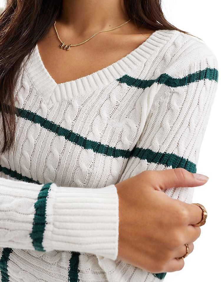 Hollister Icon V Neck Knitted Jumper In Green Stripe For Women 6 Hollister Icon V Neck Knitted Jumper In Green Stripe For Women - Image 4