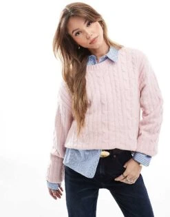 Hollister Cosy Oversized Cable Knitted Jumper In Pink For Women