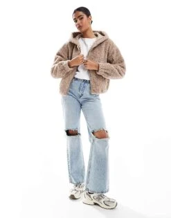 Hollister Fuzzy Zip Up Hoodie Jacket In Dark Beige For Women Mocha -Hollister Shop 207361922 1 mocha 1