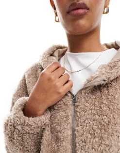 Hollister Fuzzy Zip Up Hoodie Jacket In Dark Beige For Women Mocha -Hollister Shop 207361922 3