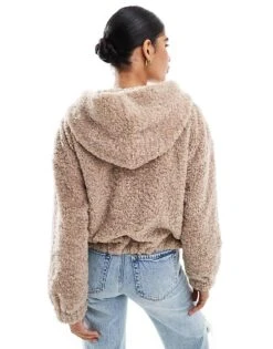 Hollister Fuzzy Zip Up Hoodie Jacket In Dark Beige For Women Mocha -Hollister Shop 207361922 4