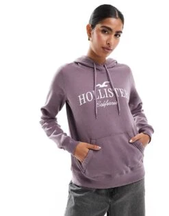 Hollister Logo Detail Pullover Hoodie In Light Brown For Women