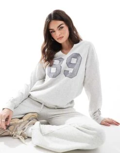 Hollister Varsity Crewneck Sweatshirt Co-ord In Grey For Women
