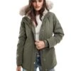 Hollister Teddy Faux Fur Lined Hooded Parka Jacket In Dusty Olive For Women