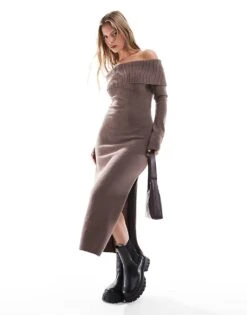 Hollister Slouchy Off Shoulder Long Sleeve Midi Dress In Brown For Women -Hollister Shop 207362073 1 brown 1