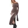 Hollister Slouchy Off Shoulder Long Sleeve Midi Dress In Brown For Women