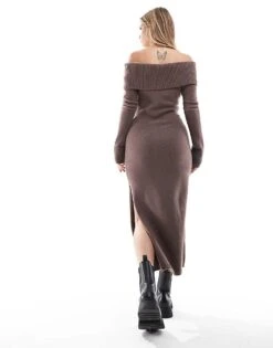 Hollister Slouchy Off Shoulder Long Sleeve Midi Dress In Brown For Women -Hollister Shop 207362073 3