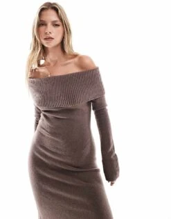 Hollister Slouchy Off Shoulder Long Sleeve Midi Dress In Brown For Women -Hollister Shop 207362073 4