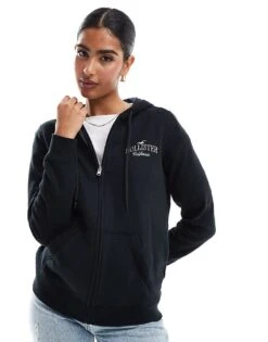 Hollister Logo Detail Zip Through Hoodie In Black For Women