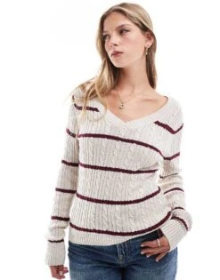 Hollister Icon V Neck Knitted Jumper In Pink Stripe For Women -Hollister Shop 207362180 1 pinkstripe 1