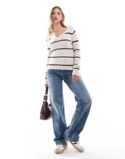 Hollister Icon V Neck Knitted Jumper In Pink Stripe For Women -Hollister Shop 207362180 3