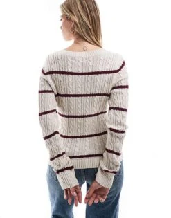 Hollister Icon V Neck Knitted Jumper In Pink Stripe For Women -Hollister Shop 207362180 4