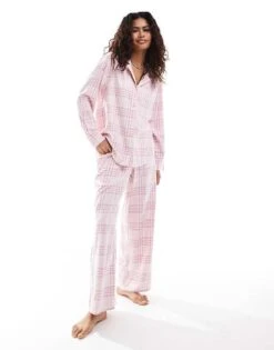 Hollister Nightwear Flannel Shirt Co-ord In Pink Multi For Women