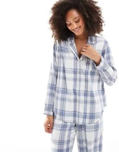 Hollister Nightwear Flannel Shirt Co-ord In Blue Multi For Women