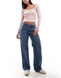 Hollister Low Rise Baggy Straight Leg Jean In Blue Wash For Women -Hollister Shop 207362337 1 blue 1