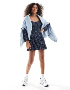 Hollister Long Sleeve Smocked Waist Skort Dress In Ditsy Print For Women