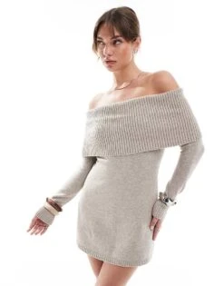 Hollister Off Shoulder Skater Cable Knit Sweater Dress In Oatmeal For Women Light Brown
