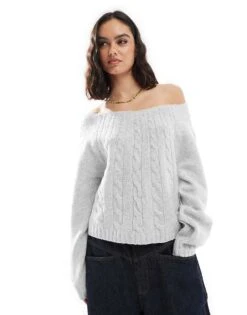 Hollister Off The Shoulder Cable Knit Jumper In Grey For Women