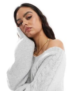 Hollister Off The Shoulder Cable Knit Jumper In Grey For Women -Hollister Shop 207528873 3