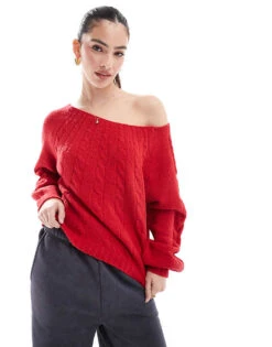 Hollister Off The Shoulder Cable Knit Jumper In Red For Women -Hollister Shop 207528909 3