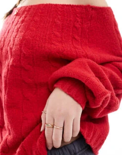 Hollister Off The Shoulder Cable Knit Jumper In Red For Women -Hollister Shop 207528909 4