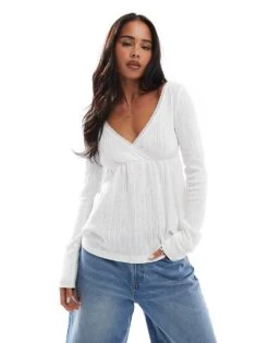 Hollister Long Sleeve Babydoll Pointelle Top In White For Women -Hollister Shop 207894171 1 white 1