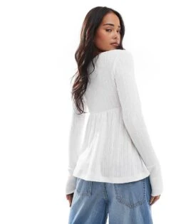 Hollister Long Sleeve Babydoll Pointelle Top In White For Women -Hollister Shop 207894171 4
