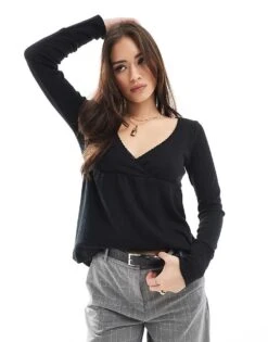 Hollister Long Sleeve Babydoll Pointelle Top In Black For Women