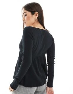 Hollister Long Sleeve Babydoll Pointelle Top In Black For Women -Hollister Shop 207894325 3